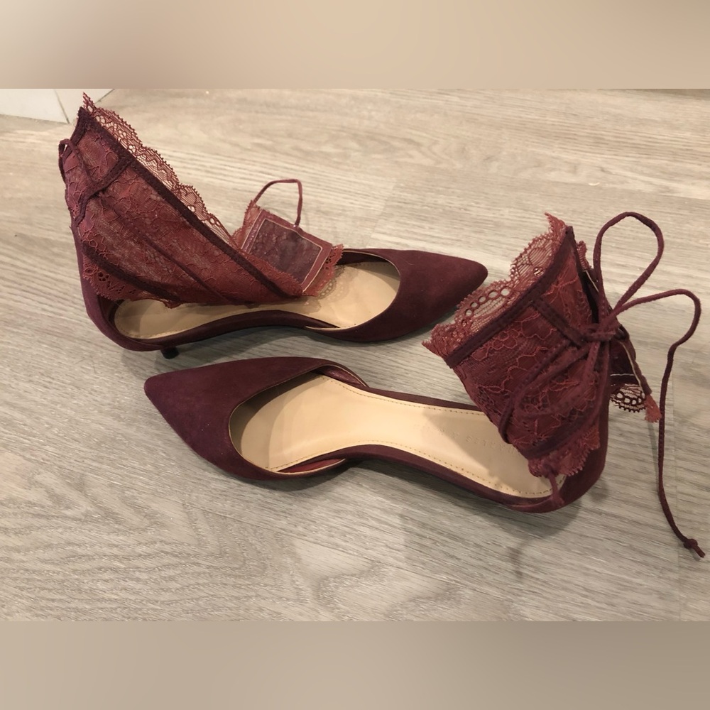 Charles & Keith Burgundy Lace Suede kitten heels, size 7.5